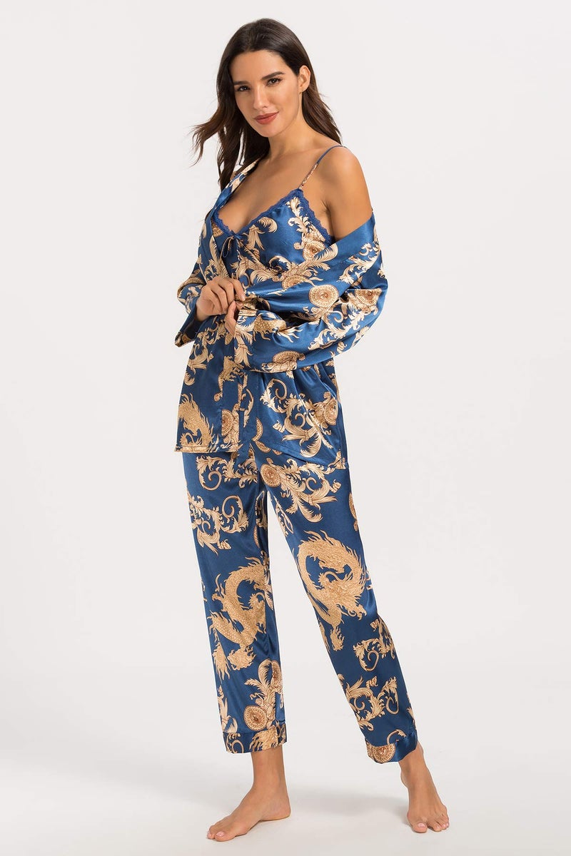 Escalier Women's Silk Satin Pajamas Set 3 Pcs Floral Silky Pj Sets Sleepwear Cami Nightwear with Robe and Pants Navy 2XL - Image 2